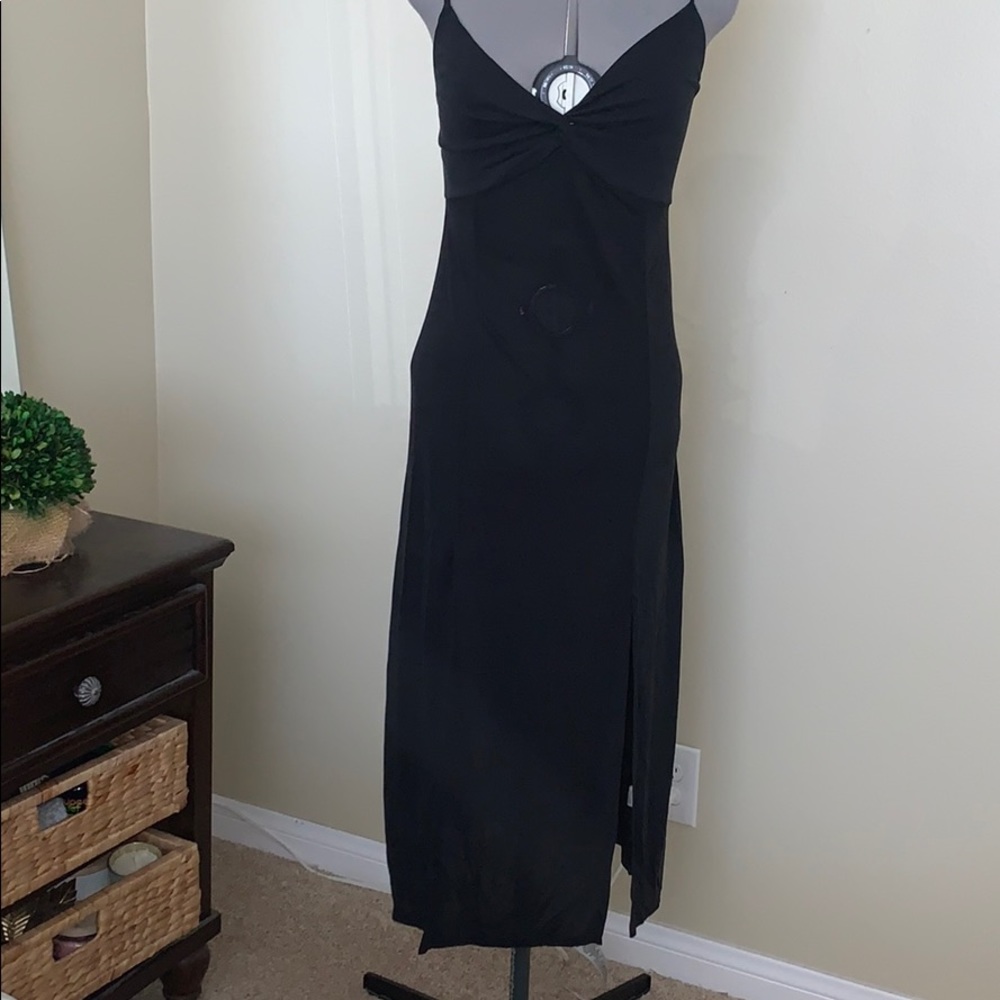 Mid length double slit slip dress